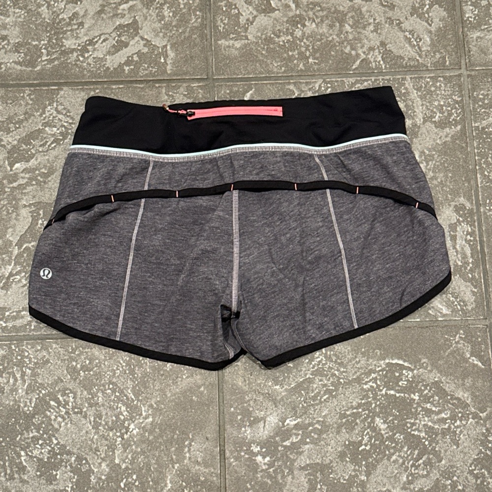 Lululemon Heathered Texture Printed Grey Coal Teal Pink 4-way Run 3” Short 6